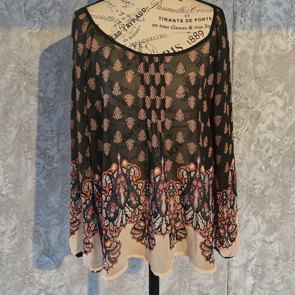 Bohemian Sheer Black and Cream‎ Women's Paisley Blouse